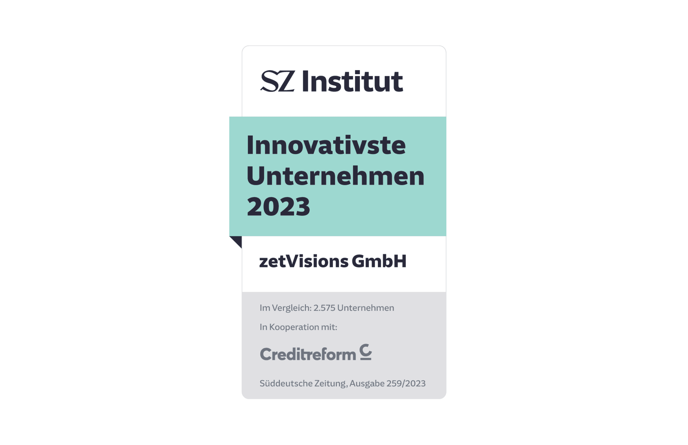 Zertifikat des SZ Instituts: innovativste Unternehmen 2023