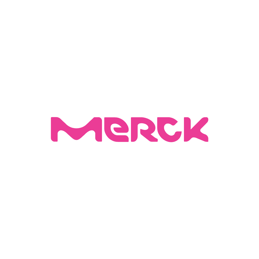 Es ist das pinke Logo von Merck zu sehen.