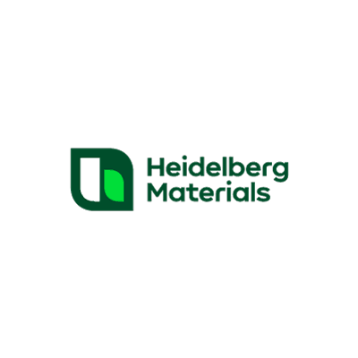 Logo von Heidelberg Materials: Links ein stilisiertes Blatt-Emblem, rechts der Schriftzug in grün.